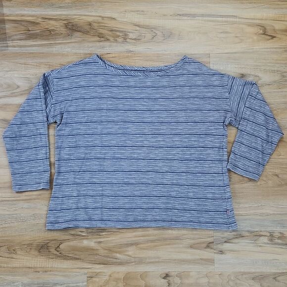 🍑Talbots Gray Textured Stripe Boatneck Drop Shoulder 3/4 Sleeve Top Large - Picture 1 of 9